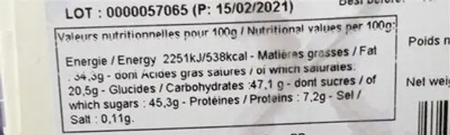 Oeuf circus nutrition facts table