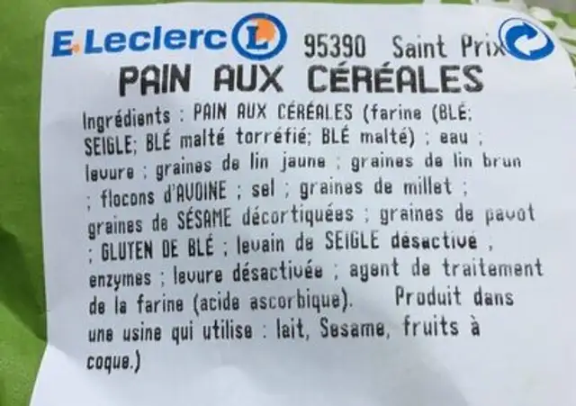 Pain aux cereales ingredients label