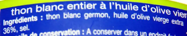 Thon blanc entier à l'huile d'olive vierge extra ingredients label