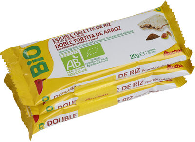 Double galette de riz fourrée noisette-cacao issue de l'agriculture biologique