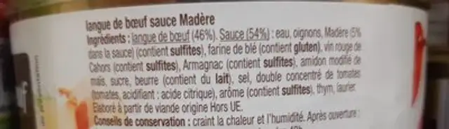 Langue de boeuf sauce madère ingredients label