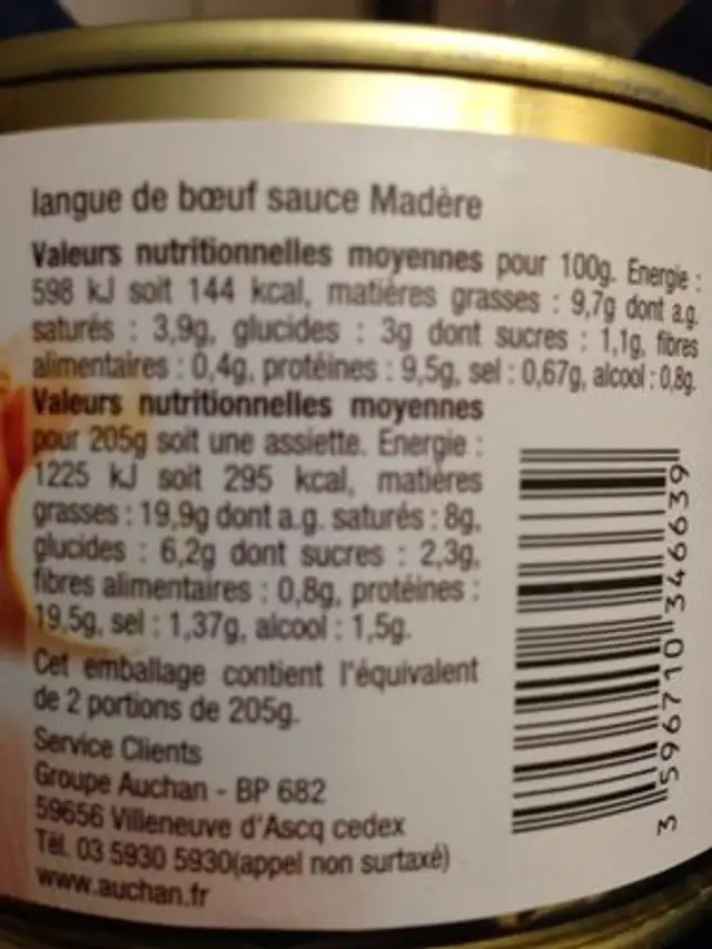Langue de boeuf sauce madère nutrition facts table