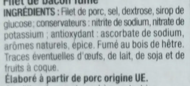 Filet de Bacon ingredients label