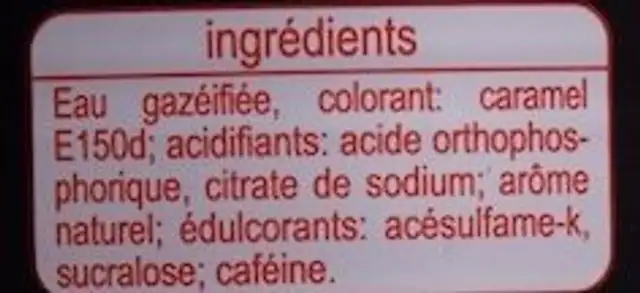 Cola zéro** sans sucres ingredients label