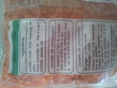 Lentilles corail ingredients label