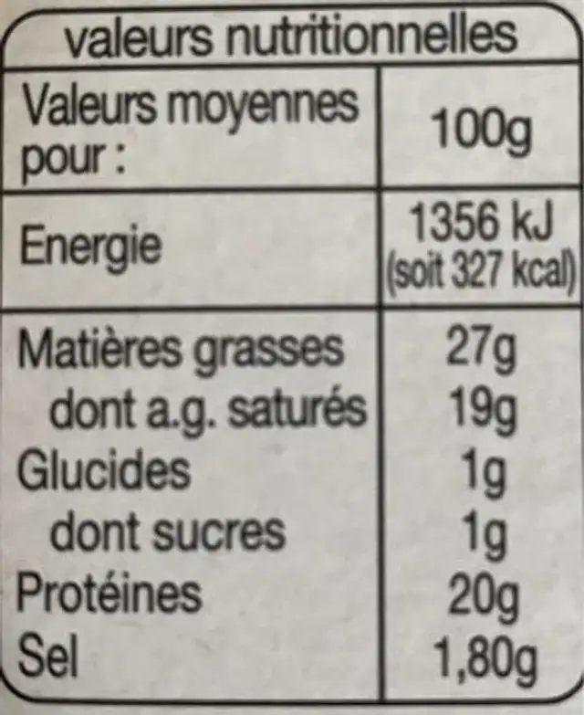 Munster nutrition facts table