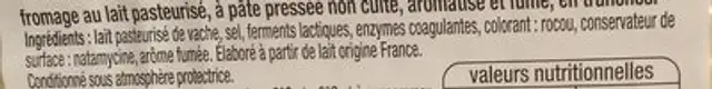 Raclette fumée ingredients label