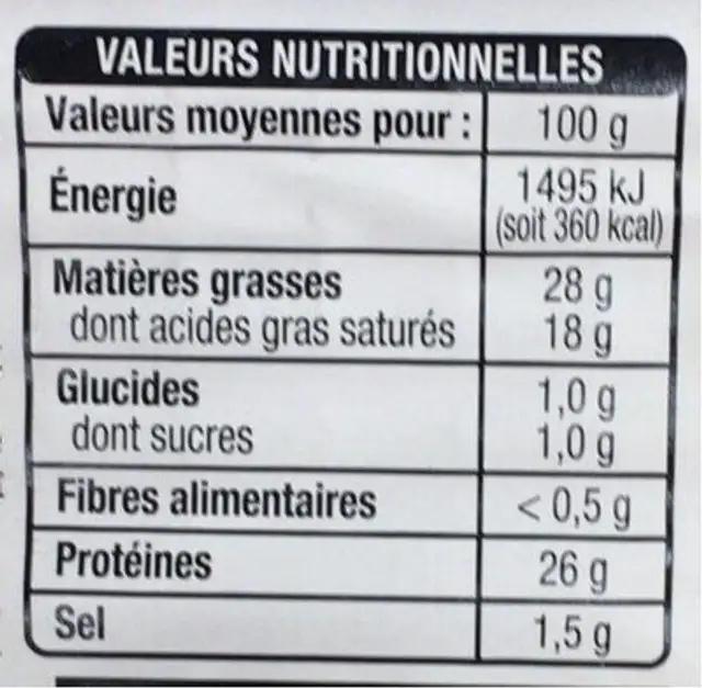 Raclette fumée nutrition facts table