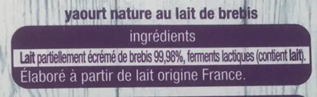 Yaourt au lait de Brebis nature ingredients label