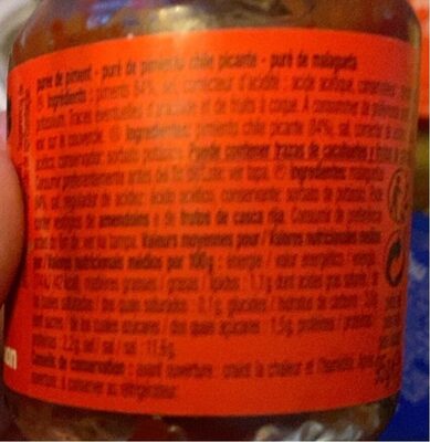 Purée de piments forts nutrition facts table