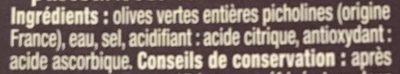 Olives vertes Picholines ingredients label