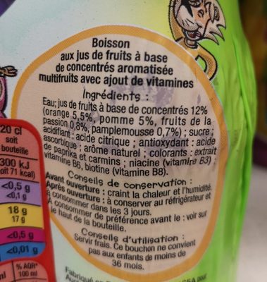 Multifruits - Boisson aux jus de fruits à base de concentrés ingredients label