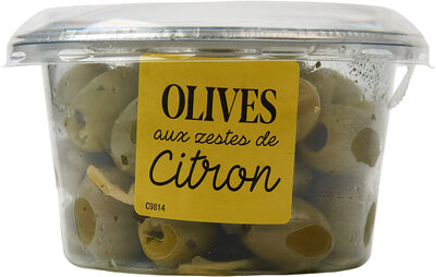 Olives vertes dénoyautées aux zestes de citron front packaging