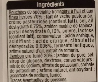 "Les Bouchées jambon fumé" ail et fines herbes ingredients label