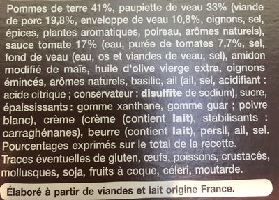 PAUPIETTE DE VEAU SAUCE TOMATE et ECASE DE POMME DE TERRE ingredients label