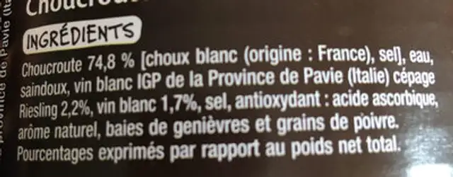 Choucroute Au Riesling ingredients label