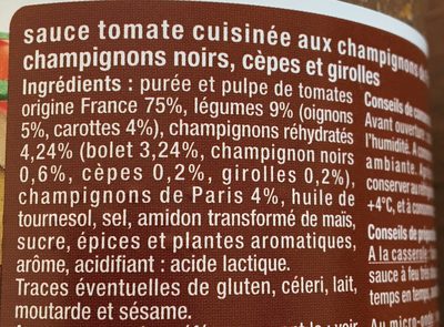 Sauce Tomate champignons ingredients label