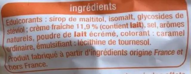 Goût caramel sans sucres à l'extrait de Stévia* ingredients label