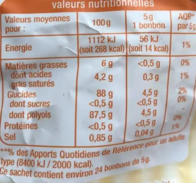 Goût caramel sans sucres à l'extrait de Stévia* nutrition facts table