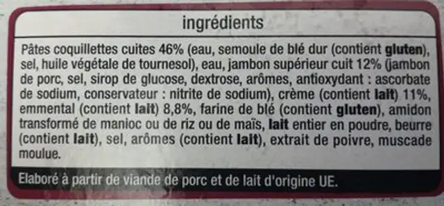 Coquillettes jambon et emmental ingredients label