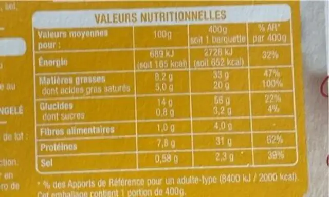 Coquillettes jambon et emmental nutrition facts table