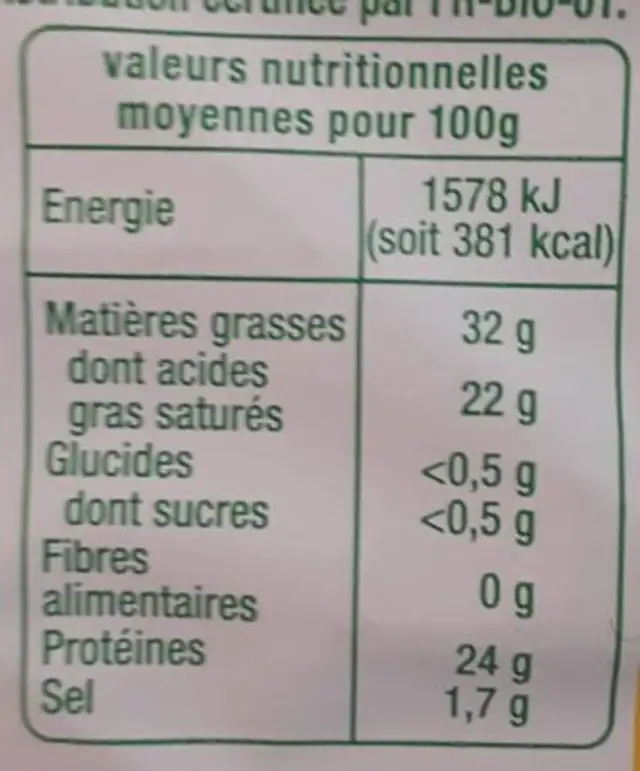 BIOGOUDA Tranches nutrition facts table