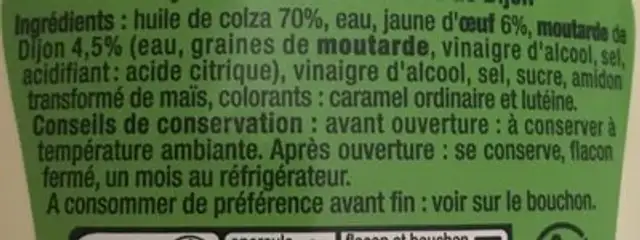 Mayonnaise à la moutarde de Dijon ingredients label