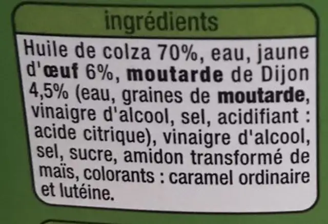 Mayonnaise à la moutarde de Dijon ingredients label