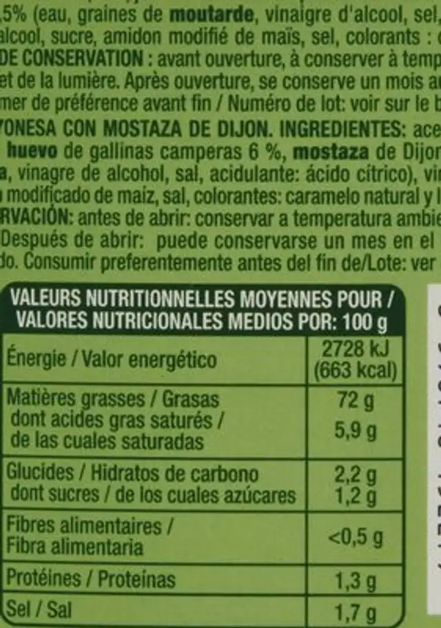 Mayonnaise à la moutarde de Dijon nutrition facts table