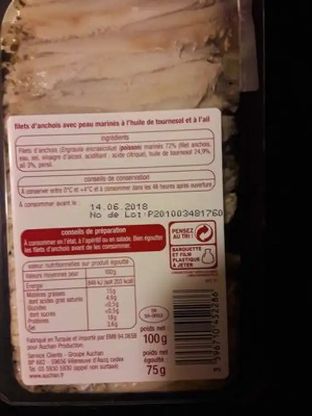 Filet d'anchois marinés à l'ail ingredients label