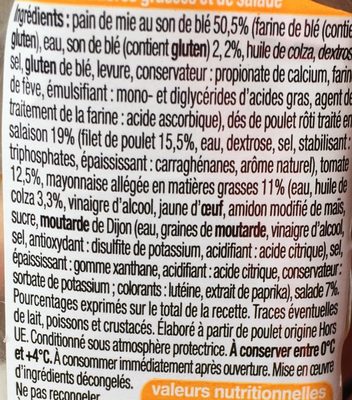 Pain de mie completpoulet rôti crudités mayonnaise allégée en matières grasses ingredients label