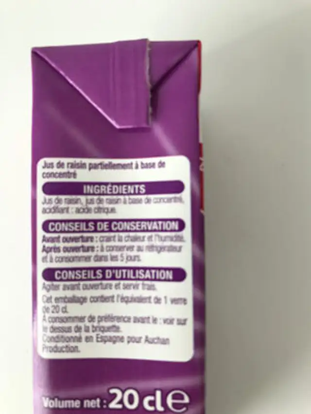 Jus de raisin ingredients label