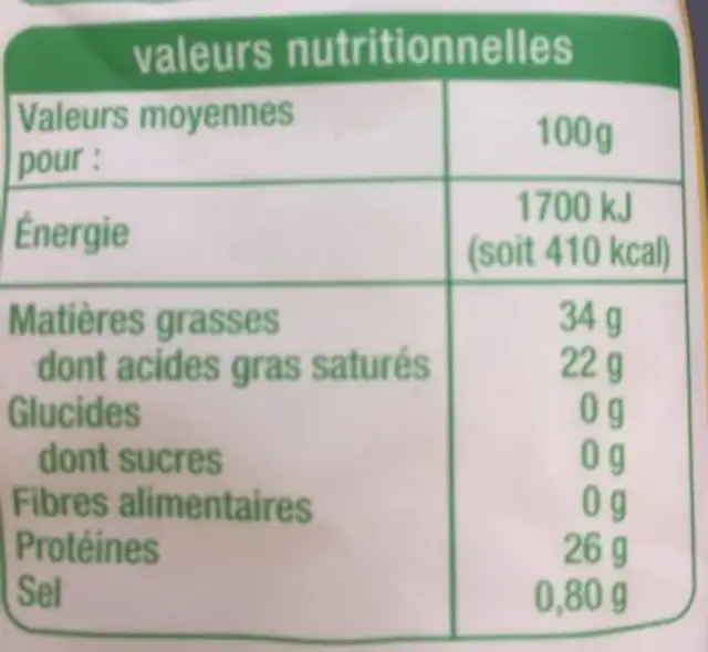 BIOComté râpé nutrition facts table