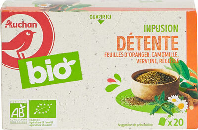 AUCHAN BIO Infusion DétenteFeuilles d'oranger, camomille, verveine, réglisse front packaging