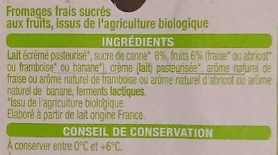 FROM FRAIS FRUITS BIOabricot, banane, fraise, framboise ingredients label