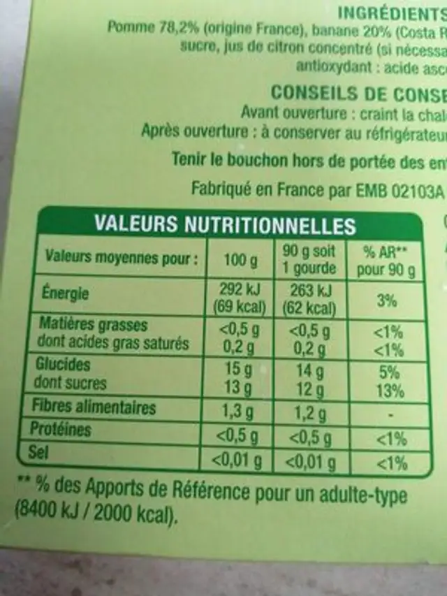 Pomme Banane allégée en sucres**30% de sucres en moins qu'une compote classique ingredients label