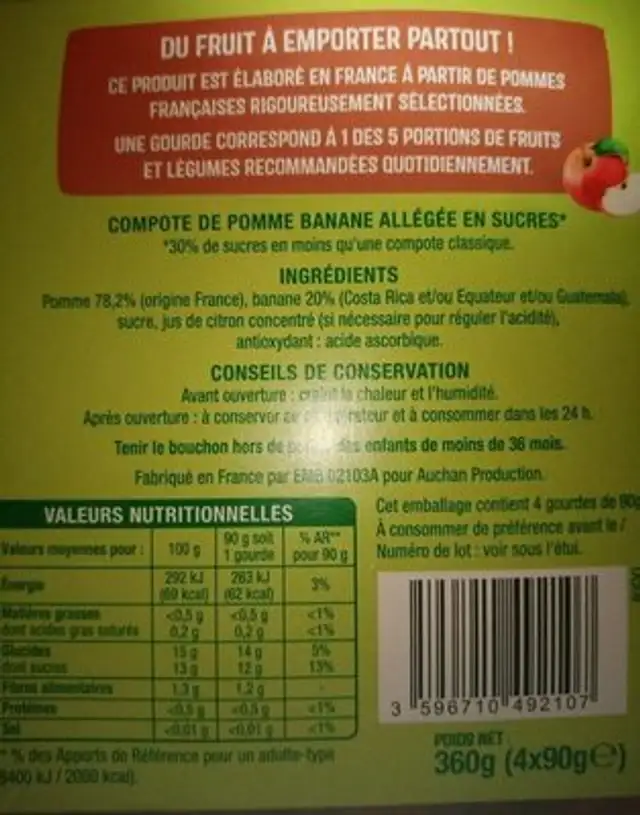 Pomme Banane allégée en sucres**30% de sucres en moins qu'une compote classique nutrition facts table