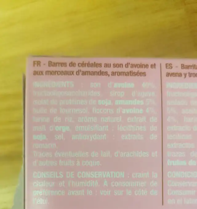 Barre de son d'avoine et amandes ingredients label