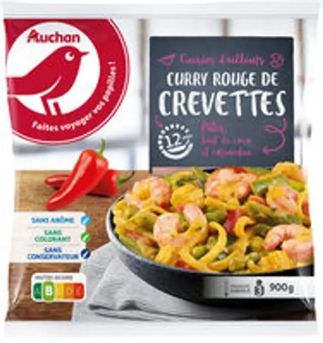 Curry rouge de crevettes, pâtes, lait de coco et coriandre