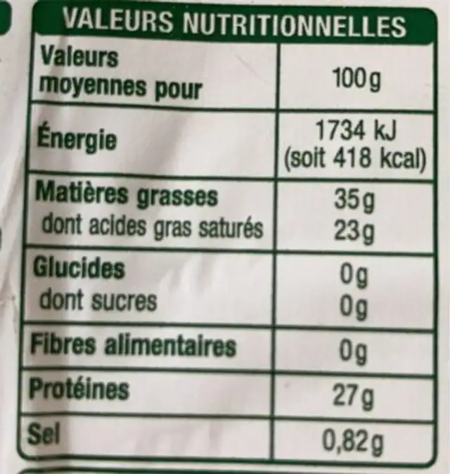 Comté nutrition facts table