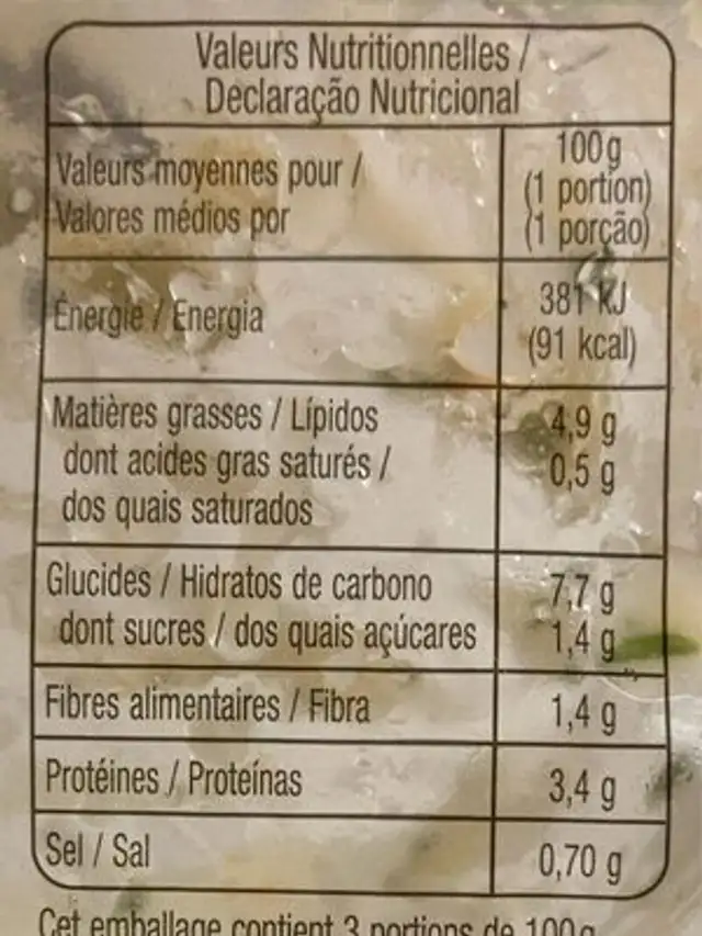 Piemontaise au jambon nutrition facts table