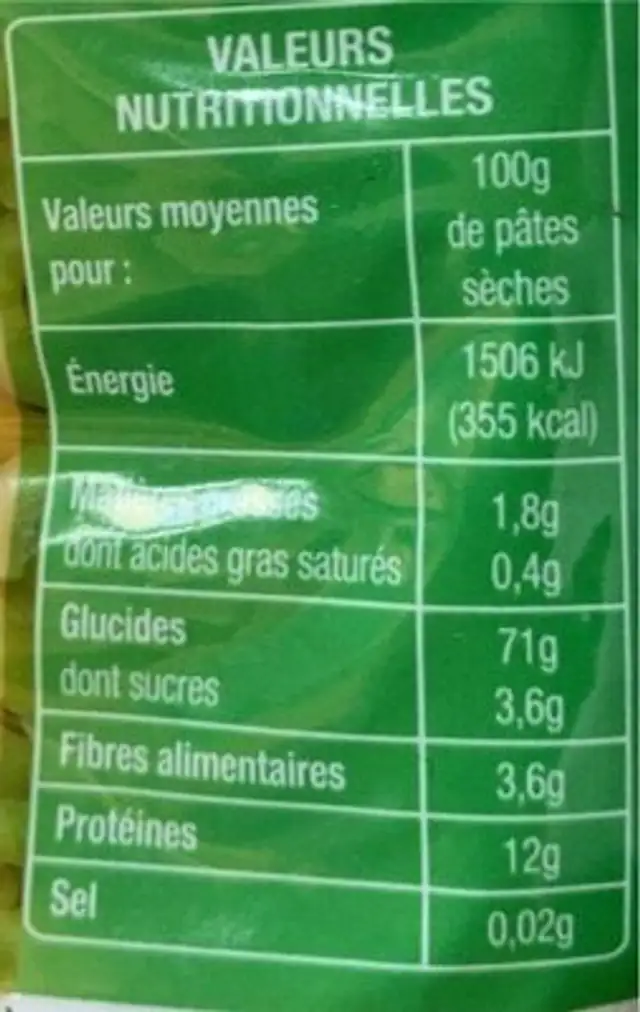 Coquillettes nutrition facts table