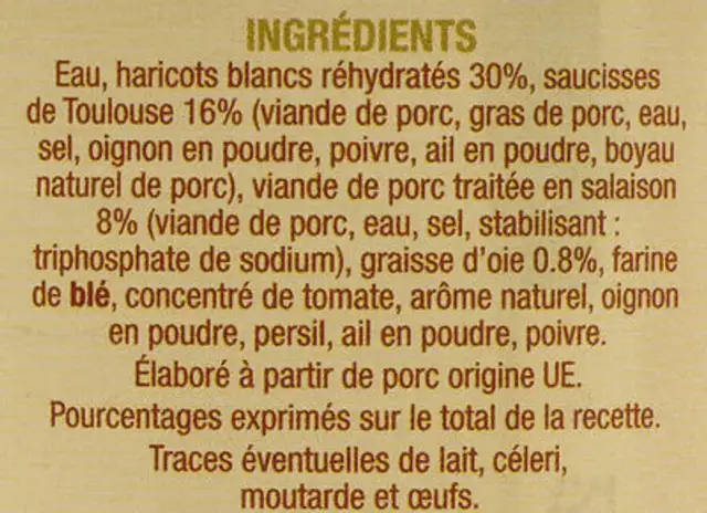 Cassoulet Toulousain cuisiné à la graisse d'oie ingredients label