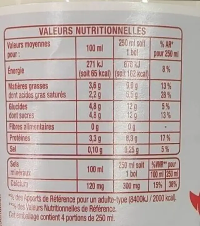 Lait entier Frais nutrition facts table