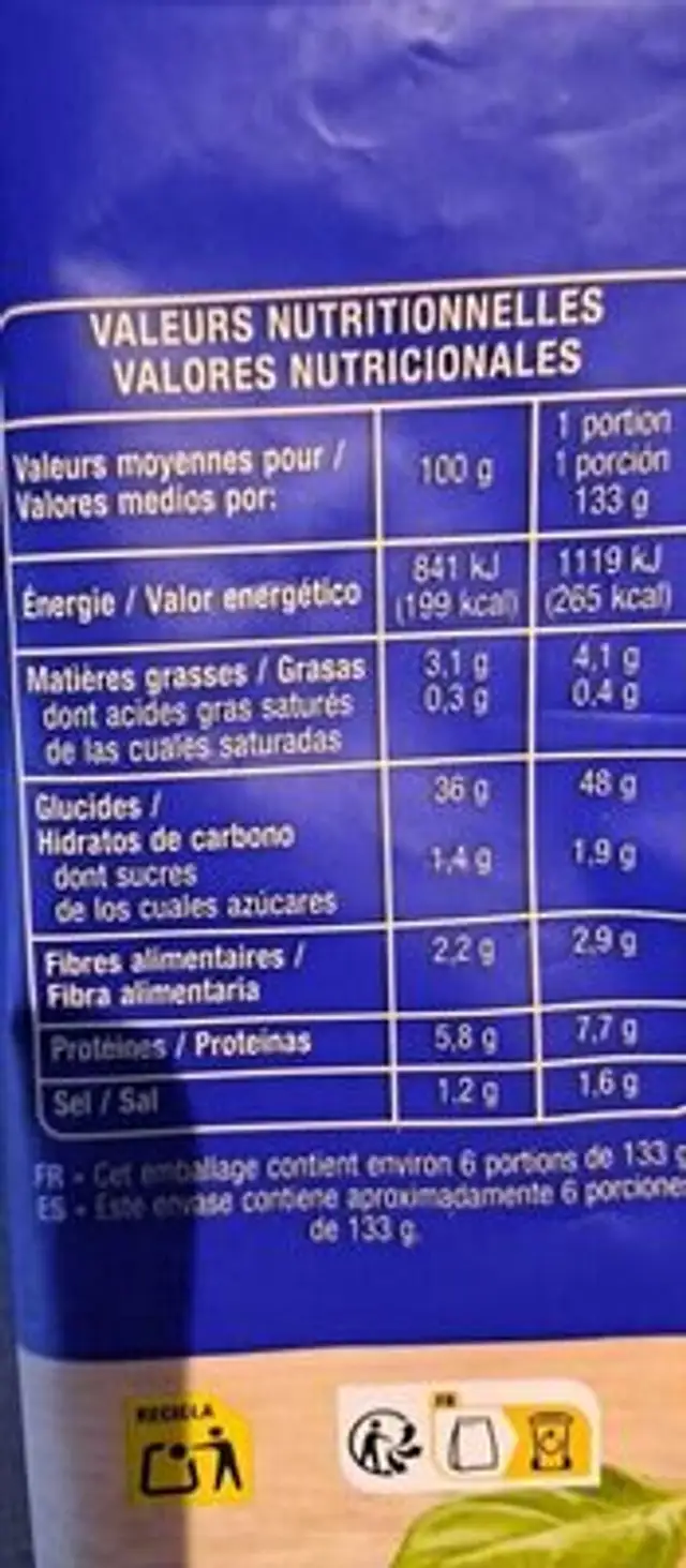 Gnocchi nutrition facts table