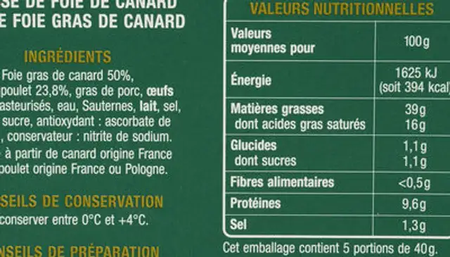 Mousse de foie de canard 50% de foie gras de canard nutrition facts table