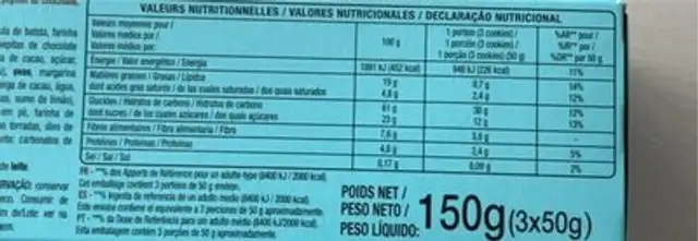 Cookie aux pépites de chocolat nutrition facts table