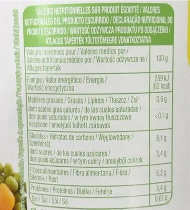 Petits pois très fins et carottes à l'étuvée nutrition facts table