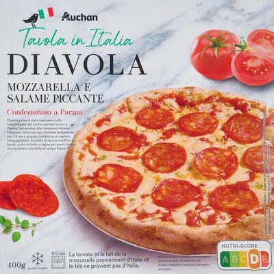 Pizza DiavolaMozzarella e Salame piccanteLa tomate et le lait de la mozzarella proviennent d'Italie et le blé ne provient pas d'Italie.