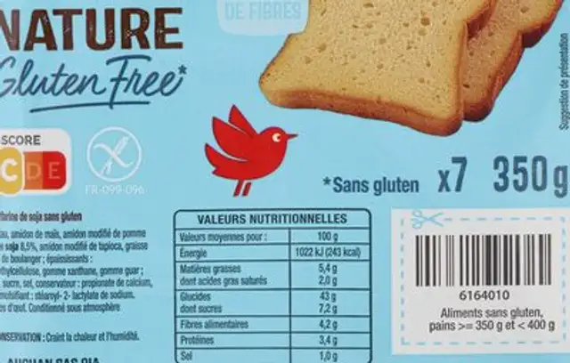 Pain de Mie Nature Sans Gluten nutrition facts table